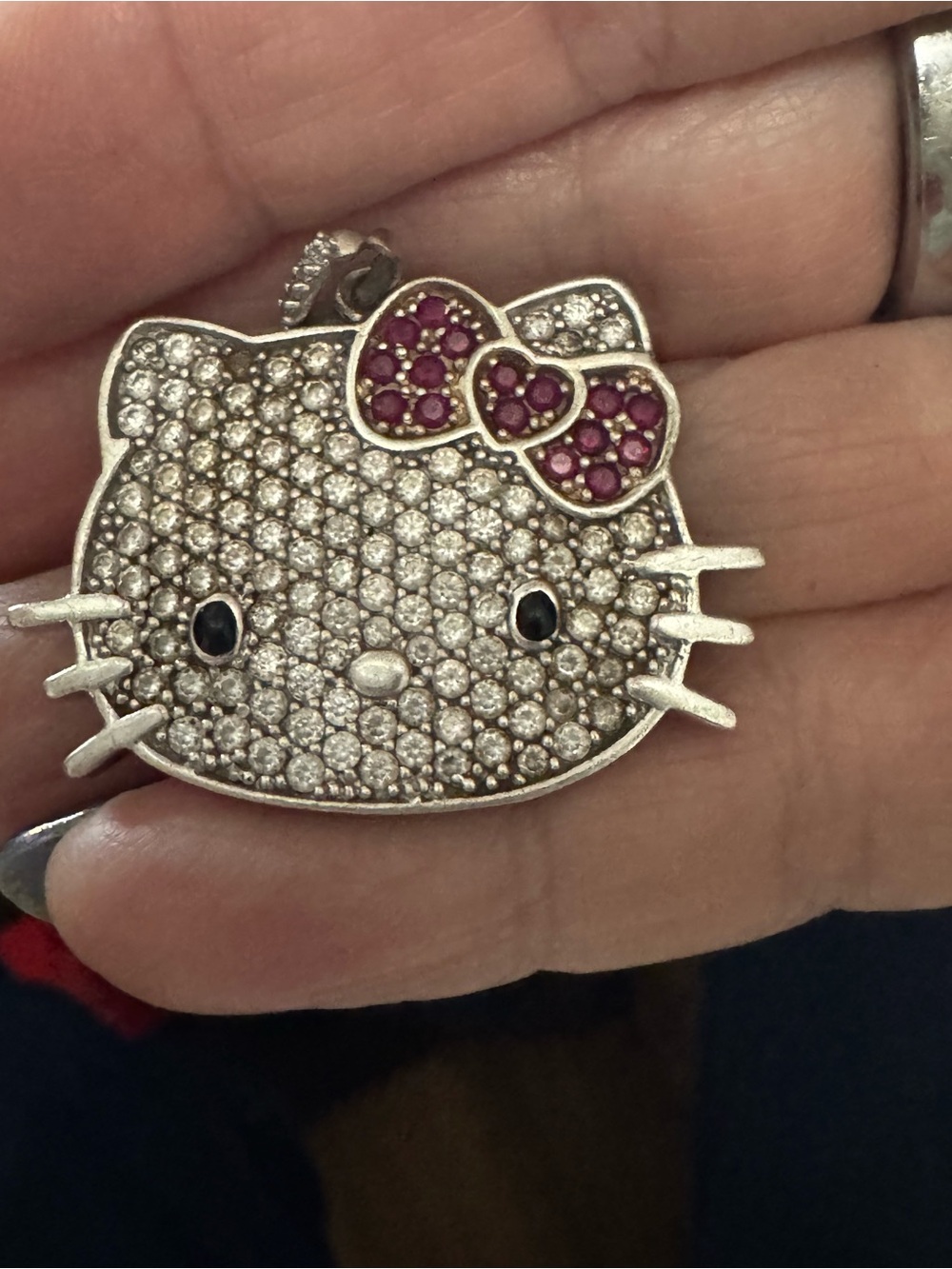 QVC Diamonique Hello Kitty Pave Crystal Pendant with Pink Bow AS IS